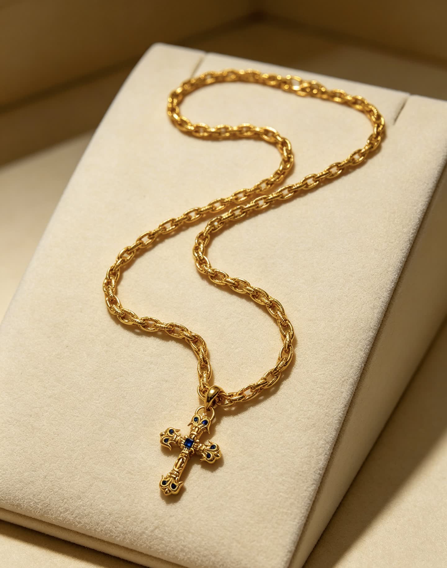Chrome Hearts Gold Cross Pendant Necklace with Blue Gemstone